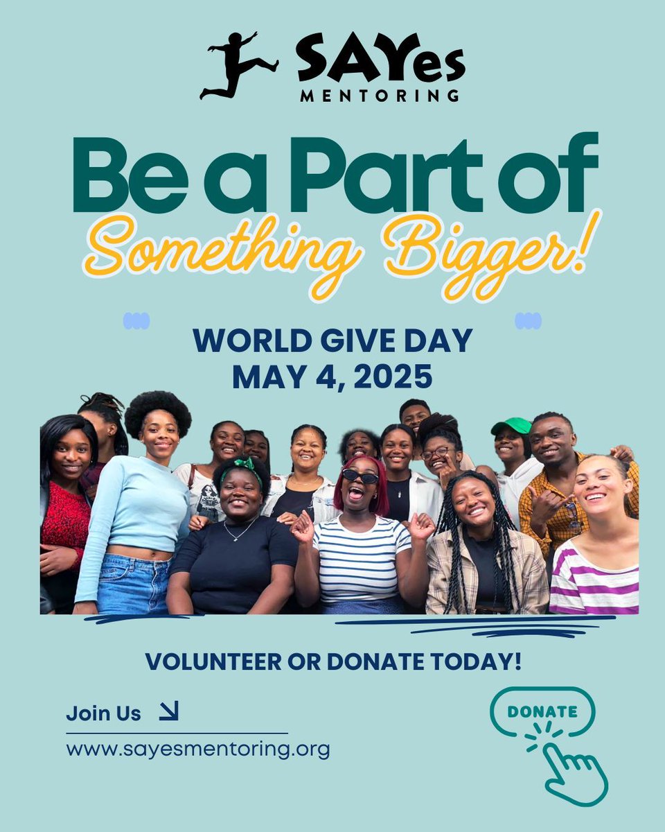 🌍✨ World Give Day 2025 is here! ✨🌍

Looking for a meaningful way to make a difference? Whether you have time to give or the means to donate, your support can change a young person’s life.

At SAYes Mentoring, we connect young people in London and South Africa with caring,