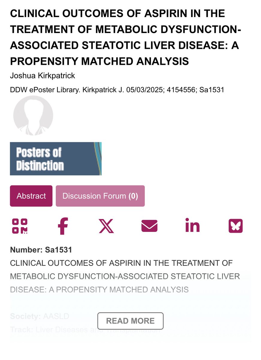 Josh Kirkpatrick, MD (@jkirkpatrickmd) on Twitter photo I’m excited to have a poster of distinction at #DDW2025. Please stop by in Halls C-E to learn more about the clinical outcomes of aspirin in the treatment of MASLD I’m excited to have a poster of distinction at #DDW2025. Please stop by in Halls C-E to learn more about the clinical outcomes of aspirin in the treatment of MASLD