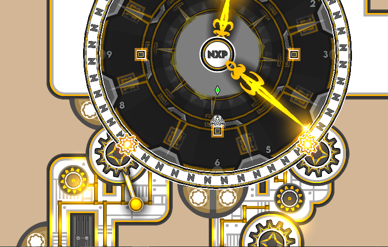 Doshterhoz's tweet image. Hice pequeños cambios sutiles ahora las manecillas no solo son brillantes, si no que tienen una sombra negra por detrás que cuando se superpone con otra manecilla o el fondo, este no se ve mezclado o mal puesto. 😄#GeometryDash #GeometryDashLevel #GDcreator #LevelDesing