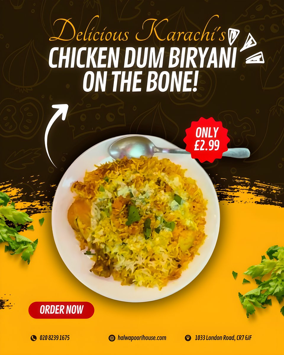 HalwaPooriHouse's tweet photo. 📷 Craving bold flavors? Dive into Karachi’s legendary Burns Road Chicken Dum Biryani (on the bone) for just £2.99 — only at Halwa Poori House, 1033 London Road, CR7 6JF! 📷📷📷 #halwapoorihouse #thorntonheath #croydon ##DesiDeals #BiryaniLove #SouthLondonEats #londonfoodie https://t.co/4zNpsNN0W1