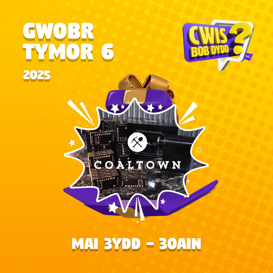 Cwis Bob Dydd (@cwisbobdydds4c) on Twitter photo Rydyn ni wedi ymuno â <a href="/CoaltownCoffee/">Coaltown Coffee</a> y tymor hwn i sicrhau dy ddos o gaffein dyddiol! ☕️
Bydd pawb sy’n chwarae rhwng y 3ydd a’r 30ain o Fai yn cael eu cynnwys yn y raffl i:
☕️ Ennill tanysgrifiad 12 mis i dderbyn Coaltown Coffee i’r drws bob mis.
☕️ Ennill peiriant coffi Rydyn ni wedi ymuno â <a href="/CoaltownCoffee/">Coaltown Coffee</a> y tymor hwn i sicrhau dy ddos o gaffein dyddiol! ☕️
Bydd pawb sy’n chwarae rhwng y 3ydd a’r 30ain o Fai yn cael eu cynnwys yn y raffl i:
☕️ Ennill tanysgrifiad 12 mis i dderbyn Coaltown Coffee i’r drws bob mis.
☕️ Ennill peiriant coffi