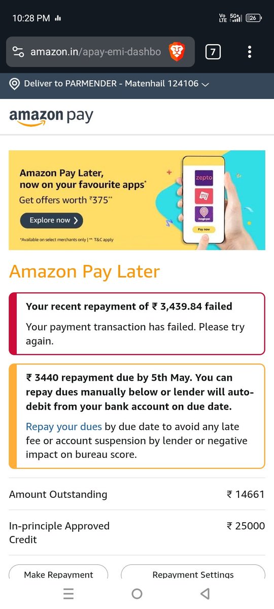 psuhag8636's tweet photo. @amazonIN there was a amazon pay later EMI of 3440, i paid it and the balance was deducted from my bank account but in amazon, it shows payment failed https://t.co/ORgwA736sN