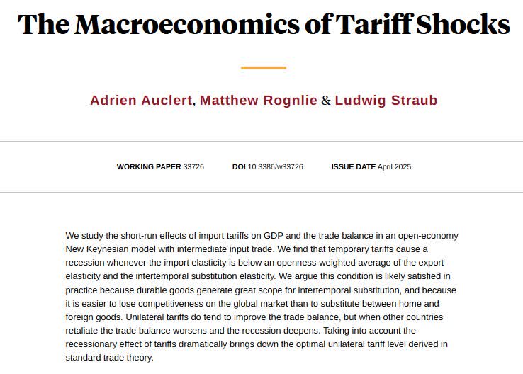 NBER (@nberpubs) on Twitter photo Tariff shocks can lead to short-run recessions, as consumers both at home and abroad postpone purchases. These recessions outweigh the traditional welfare effects of tariffs, from <a href="/a_auclert/">Adrien Auclert</a>, Matthew Rognlie, and <a href="/ludwigstraub/">Ludwig Straub</a> nber.org/papers/w33726 Tariff shocks can lead to short-run recessions, as consumers both at home and abroad postpone purchases. These recessions outweigh the traditional welfare effects of tariffs, from <a href="/a_auclert/">Adrien Auclert</a>, Matthew Rognlie, and <a href="/ludwigstraub/">Ludwig Straub</a> nber.org/papers/w33726