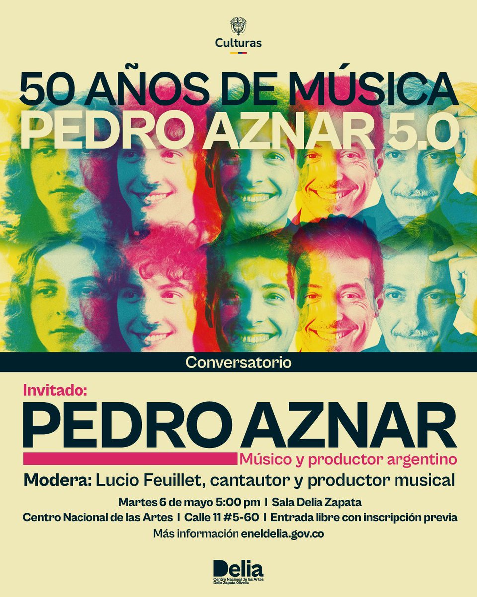 Centro Nacional de las Artes Delia Zapata Olivella (@eneldelia) on Twitter photo 👀 Este martes 6 de mayo, <a href="/luciofeuillet/">Lucio Feuillet</a> nos acompañará en la #SalaDeliaZapata para conversar con <a href="/Pedro_Aznar/">Pedro Aznar</a> sobre sus 50 años de música, sus influencias y la transformación a lo largo de cinco décadas. 🎶
👉🏾 ¡CUPOS LIMITADOS! Inscríbete aquí: forms.office.com/r/JX0FMKQDy7. 🥳 👀 Este martes 6 de mayo, <a href="/luciofeuillet/">Lucio Feuillet</a> nos acompañará en la #SalaDeliaZapata para conversar con <a href="/Pedro_Aznar/">Pedro Aznar</a> sobre sus 50 años de música, sus influencias y la transformación a lo largo de cinco décadas. 🎶
👉🏾 ¡CUPOS LIMITADOS! Inscríbete aquí: forms.office.com/r/JX0FMKQDy7. 🥳