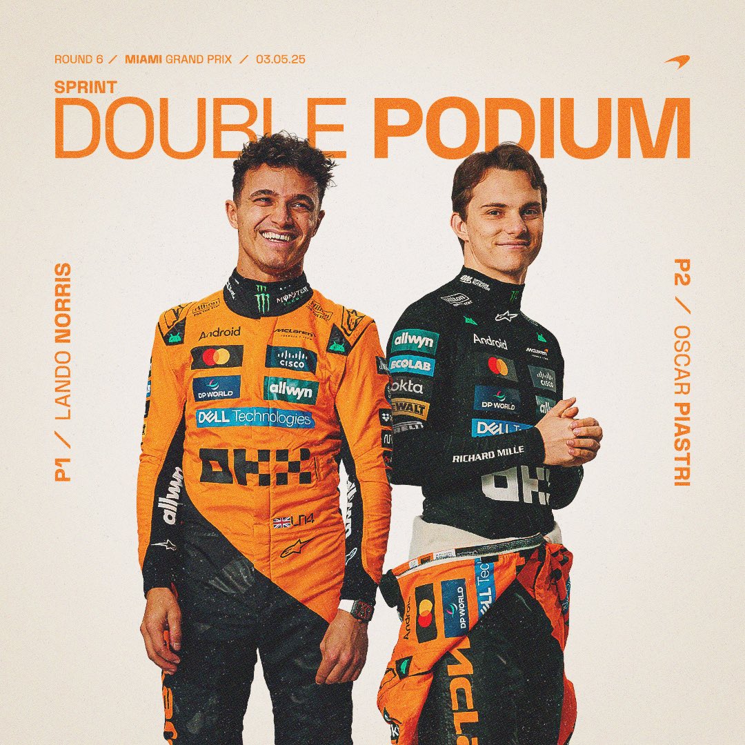 WHAT A SPRINT! 🧡 

Lando and Oscar make it a double podium for the Sprint in Miami 😍 

#McLaren | #MiamiGP 🏝️