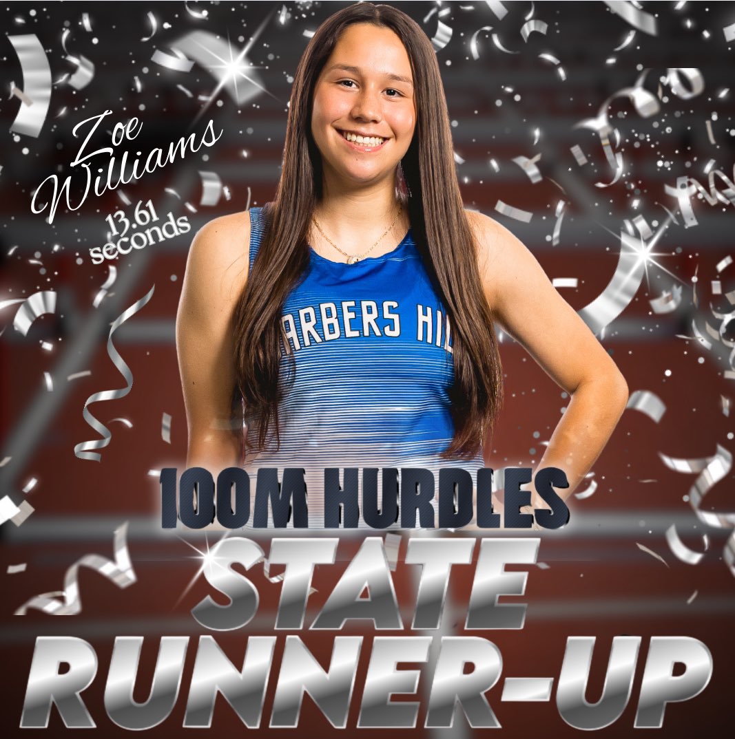 Barbers Hill 🦅 Girls Cross Country/Track & Field (@bhhseagletrack) on Twitter photo Congratulations to senior Zoe Williams on earning a Silver Medal🥈at the UIL State Track & Field Championships!!! She ran 13.61 in the 100m Hurdles, besting her own school record! <a href="/BH_Athletics/">Barbers Hill Athletics</a> <a href="/BHBoosterClub/">BH Athletic Booster</a> Congratulations to senior Zoe Williams on earning a Silver Medal🥈at the UIL State Track & Field Championships!!! She ran 13.61 in the 100m Hurdles, besting her own school record! <a href="/BH_Athletics/">Barbers Hill Athletics</a> <a href="/BHBoosterClub/">BH Athletic Booster</a>