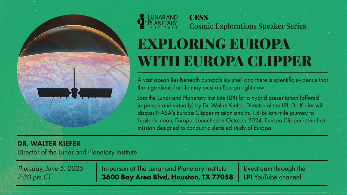 LPItoday's tweet image. Join us for a hybrid presentation discussing NASA’s Europa Clipper mission and its 1.8-billion-mile journey to Jupiter’s moon, Europa. This event will take place on Thursday, June 5, at 7:30 p.m. CT, at the LPI and streamed on YouTube. More information: ow.ly/2lCy50VMkz8