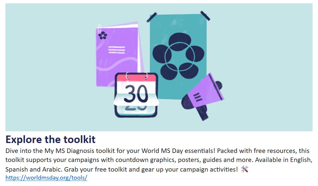 hcsnemnhcsiM's tweet image. Explore World MS Day - MS Toolkit worldmsday.org/tools/ #MSAwarenessWeek #MSConversations #MSMakesMe #BringingUsCloser #WorldMSDay #MSFighter #MSWarrior #MS #MultipleSclerosis worldmsday.org