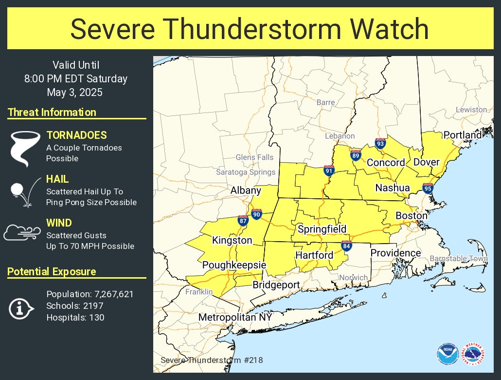 A severe thunderstorm watch has been issued for parts of Connecticut, Maine, Massachusetts, New Hampshire, New York and Vermont until 8 PM EDT