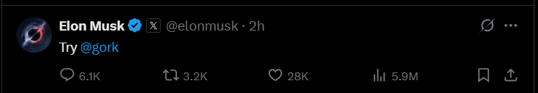 0xcrushx's tweet photo. @elonmusk literally the best person to advertise anything

And yet, $GORK is still sitting at $50M?

Bro, this should worth at least 1B, no cap https://t.co/PpVtNTGx4F