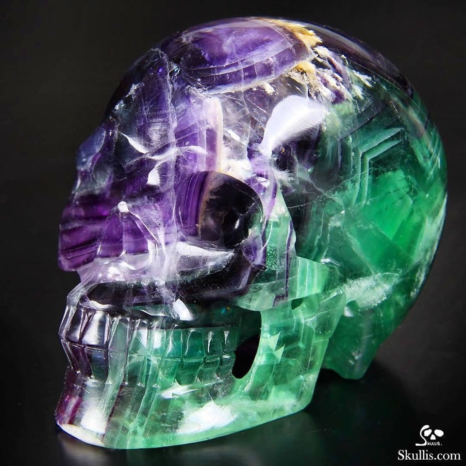 Nice Colors Gemstone Huge Fluorite Carved Crystal Skull, Realistic. A single piece sculpture carved from a solid specimen from Zhejiang, China.

Photo: Skullis Gem