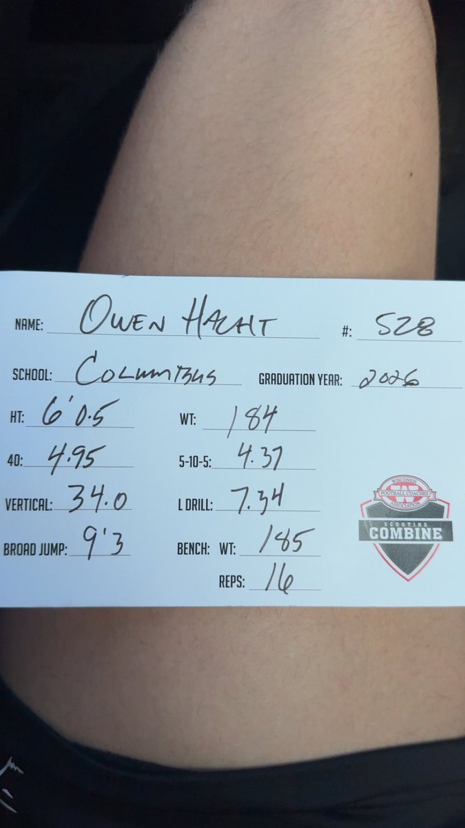 Had a great time competing at <a href="/wifca/">WiFCA</a> combine today, here are my results! <a href="/travisWSN/">Travis Wilson</a> <a href="/MJ_NFLDraft/">Mark Johnson</a> <a href="/OJW_Scouting/">PrepRedzone Oliver</a> <a href="/PrepRedzoneWI/">Prep Redzone Wisconsin</a> <a href="/coachARyan17/">Andy Ryan</a> <a href="/brunell_jason/">Jason Brunell</a>