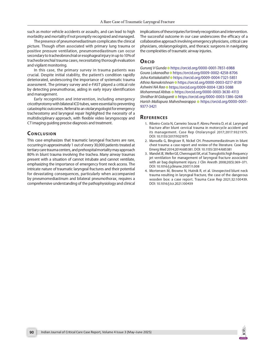Just published in Indian J Crit Care Case Rep!
A rare case of traumatic laryngeal fracture with bilateral pneumothorax &amp; pneumomediastinum.
Timely airway intervention saved the day!
Read: [Insert Link]
#TraumaCare #AirwayEmergency #CriticalCare #ENT #ICU