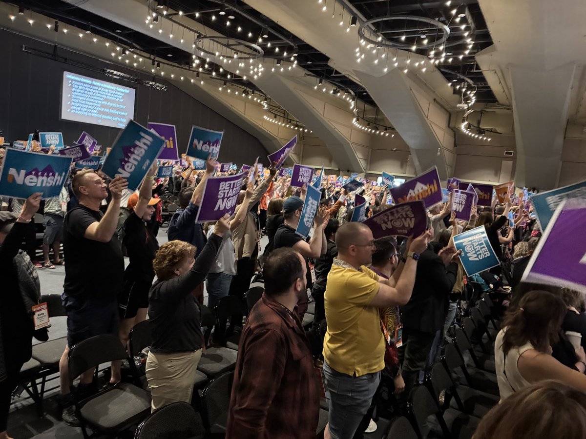 Naheed Nenshi, leader of the @alberNDP takes stage at the convention! #abpoli #betterstartsnow