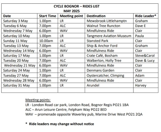 cyclebognor's tweet image. Here's our schedule for May 2025. Something for everyone surely ..!!?