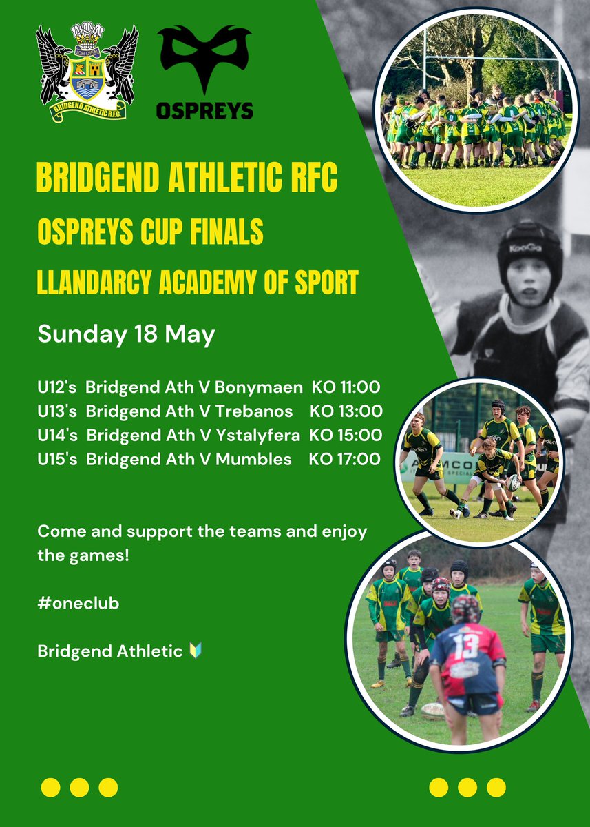 Not long until our four age groups from Bridgend Athletic RFC 🔰 play in the Ospreys Cup finals 🏆

This is a really proud moment for our Junior section with an unbelievable four Junior age groups reaching finals! 👏👏

#oneclub #Bridgendath #uppaath #BARFC #bridgendrugby