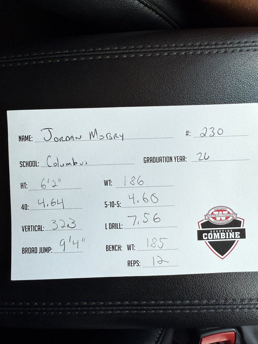 Jordan Mobry (@jordan_mobry26) on Twitter photo Had an amazing day competing at the WFCA combine. Thanks to all the coaches that reached out! Here are my results.
<a href="/MJ_NFLDraft/">Mark Johnson</a> <a href="/travisWSN/">Travis Wilson</a> <a href="/PrepRedzoneWI/">Prep Redzone Wisconsin</a> <a href="/coachARyan17/">Andy Ryan</a> <a href="/brunell_jason/">Jason Brunell</a> Had an amazing day competing at the WFCA combine. Thanks to all the coaches that reached out! Here are my results.
<a href="/MJ_NFLDraft/">Mark Johnson</a> <a href="/travisWSN/">Travis Wilson</a> <a href="/PrepRedzoneWI/">Prep Redzone Wisconsin</a> <a href="/coachARyan17/">Andy Ryan</a> <a href="/brunell_jason/">Jason Brunell</a>