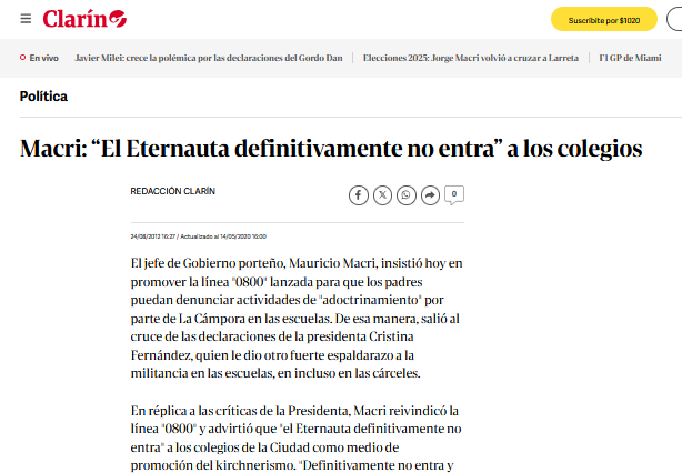 Recordatorio: En 2012 Macri prohibió que los estudiantes secundarios leyeran El Eternauta. 

Como es habitual, lo hizo en nombre de la libertad. "Quiero que los jóvenes sean libres", dijo. Para eso, le pareció necesario prohibir la mayor obra de ciencia ficción argentina.