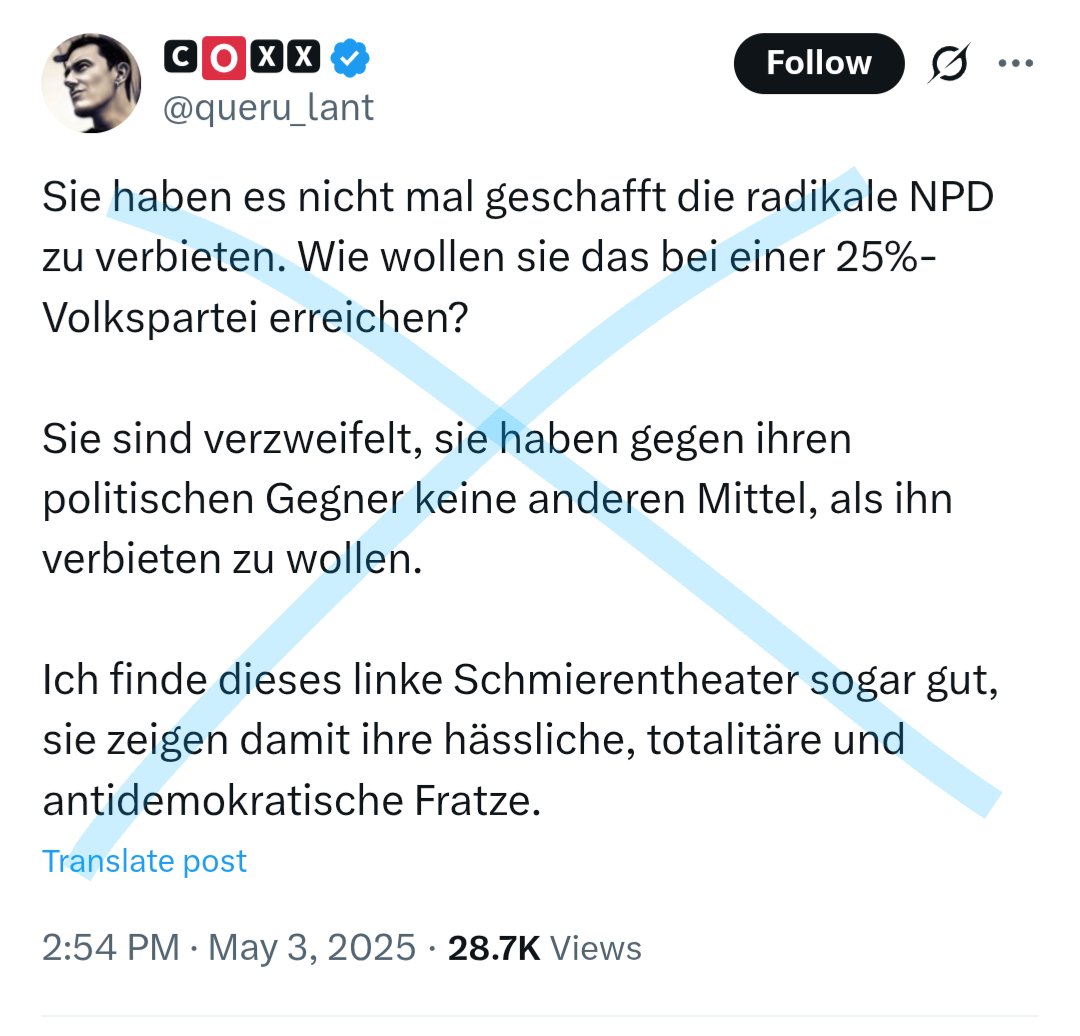 Fun-Fact: Die NPD wurde nicht verboten, weil sie aufgrund ihrer Größe und kleinen Wählerschaft nicht als unmittelbare Gefahr gesehen wurde. Das ist genau der Punkt, der bei der AfD nicht mehr zieht.