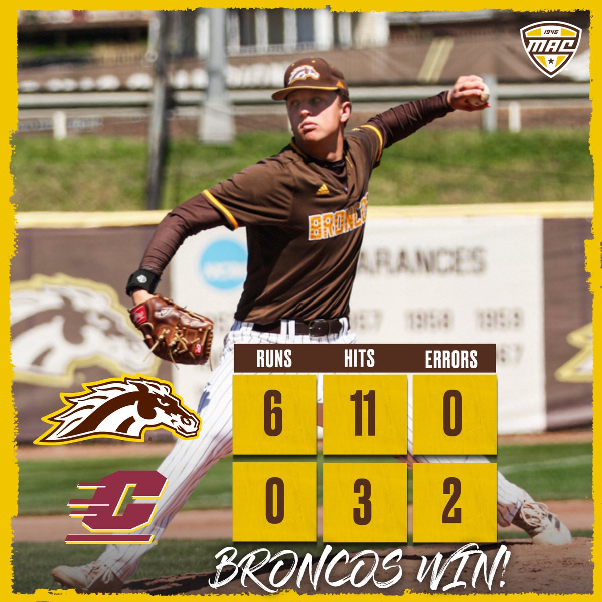 BRONCOS WIN!!! <a href="/joeywiz33/">Joey Wizceb</a> tosses a complete game shutout to secure the series victory for Western Michigan!

#BroncosReign