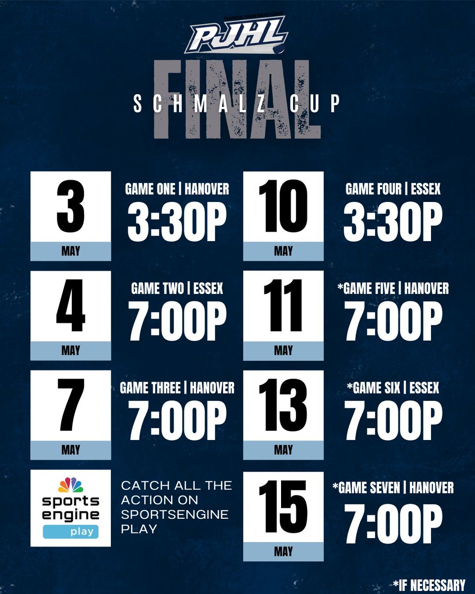 PJHL (@pjhl_official) on Twitter photo IT ALL STARTS TODAY. 😮💨
Our Schmalz Cup Final begins today, where the @73shockey will take on the @hanoverbarons.
Who do you have taking home the hardware?
📺: <a href="/SportsEngine/">SportsEngine Play</a> Play ➡️ tinyurl.com/4vyk2rb3 IT ALL STARTS TODAY. 😮💨
Our Schmalz Cup Final begins today, where the @73shockey will take on the @hanoverbarons.
Who do you have taking home the hardware?
📺: <a href="/SportsEngine/">SportsEngine Play</a> Play ➡️ tinyurl.com/4vyk2rb3