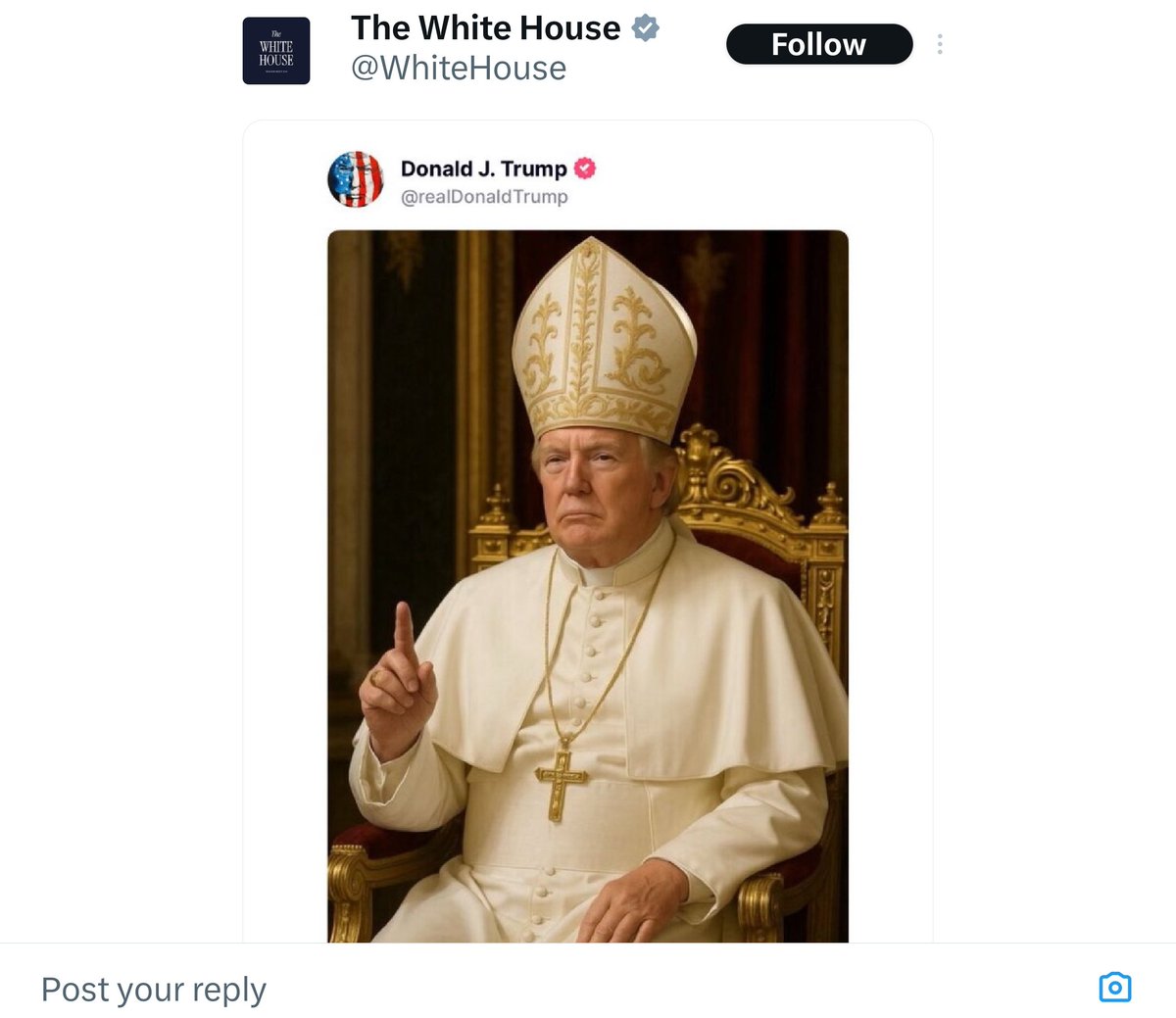homeeys (@vizaghome01) on Twitter photo When the WHITE HOUSE posts a picture of the sitting President pretending to be POPE, YOU KNOW the country is in peril! <a href="/AdamKinzinger/">Adam Kinzinger (Slava Ukraini) ๐บ๐ธ๐บ๐ฆ</a> <a href="/mehdirhasan/">Mehdi Hasan</a> When the WHITE HOUSE posts a picture of the sitting President pretending to be POPE, YOU KNOW the country is in peril! <a href="/AdamKinzinger/">Adam Kinzinger (Slava Ukraini) ๐บ๐ธ๐บ๐ฆ</a> <a href="/mehdirhasan/">Mehdi Hasan</a>