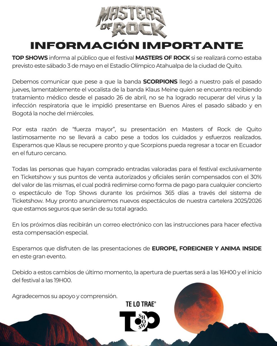 📣 Queridos amigos: 
Hoy queremos compartir con ustedes una noticia que nos entristece enormemente. 

Pese a todos los cuidados médicos y  grandes esfuerzos realizados Klaus Maine no se ha logrado recuperar del virus y la infección respiratoria que lamentablemente padece desde