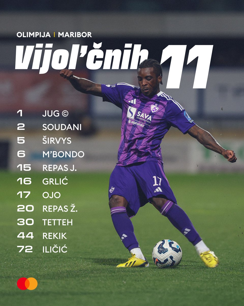 Vijol’čnih 11 za derbi:

Klop: Bergsen, Antonič, Sousa, Lorbek, Rasheed, Elmaz, Vrhovec, Viher, Čuk, Komáromi, Reghba, Meriluoto.

Vračata se Ojo in Širvys, v vlogi igralca U21 tokrat Grlić. 

#MiSkupajEnoSmo #derbi