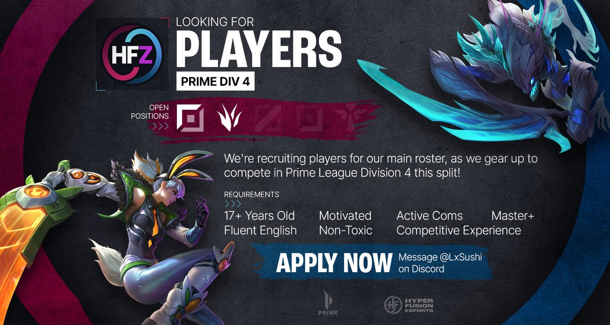 Hyper Fusion (@hyperfusionlol) on Twitter photo TRYOUTS OPEN! We are looking for Top and Jungle to join our team Zenith! #LeagueOfLegends
<a href="/LFTDiscord/">LFT Discord - lol/val/rl</a>
<a href="/LoL_LFT/">LoL Looking For Team 🇮🇹 🇪🇺</a>
#Primeleague #LFT #LFP discord.gg/JhWbbeKYsY TRYOUTS OPEN! We are looking for Top and Jungle to join our team Zenith! #LeagueOfLegends
<a href="/LFTDiscord/">LFT Discord - lol/val/rl</a>
<a href="/LoL_LFT/">LoL Looking For Team 🇮🇹 🇪🇺</a>
#Primeleague #LFT #LFP discord.gg/JhWbbeKYsY