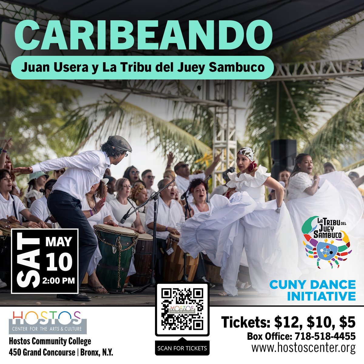 SAT, MAY 10 AT 2 PM | Join JUAN USERA y La Tribu del Juey Sambuco for CARIBEANDO! Afro-Caribbean music, dance, and storytelling, from bomba y plena to changüí, and even bomba-reggaeton!

Info &amp; Tix at hostos.cuny.edu/culturearts/ev… or scan the QR code or call the Box Office 718-518-4455