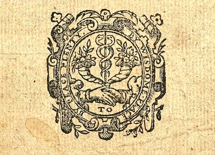 1592 yılında yayımlanan "The Historie of ... Doctor John Faustus" isimli kitabın iç kapak görselinin (vinyetin) güzelliğine bakar mısınız:
"Barıştan bolluk, bilgelikten barış [doğar]"