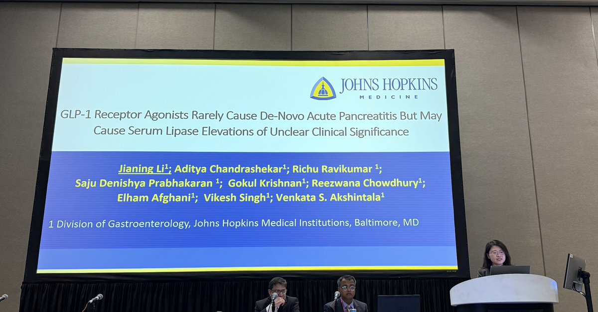ReezwanaCMD's tweet photo. Great talk by @HopkinsGIHep about #GLP1 and acute pancreatitis!! Proud to be part of the work! Much more to come! #VenkataAkshintala #VikeshSingh #DDW2025 https://t.co/1jMZukgRu1
