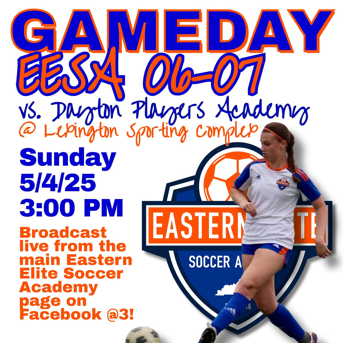 Sunday 5/4 - Livestream 3:00 PM on the  Eastern Elite Soccer Academy Facebook page.