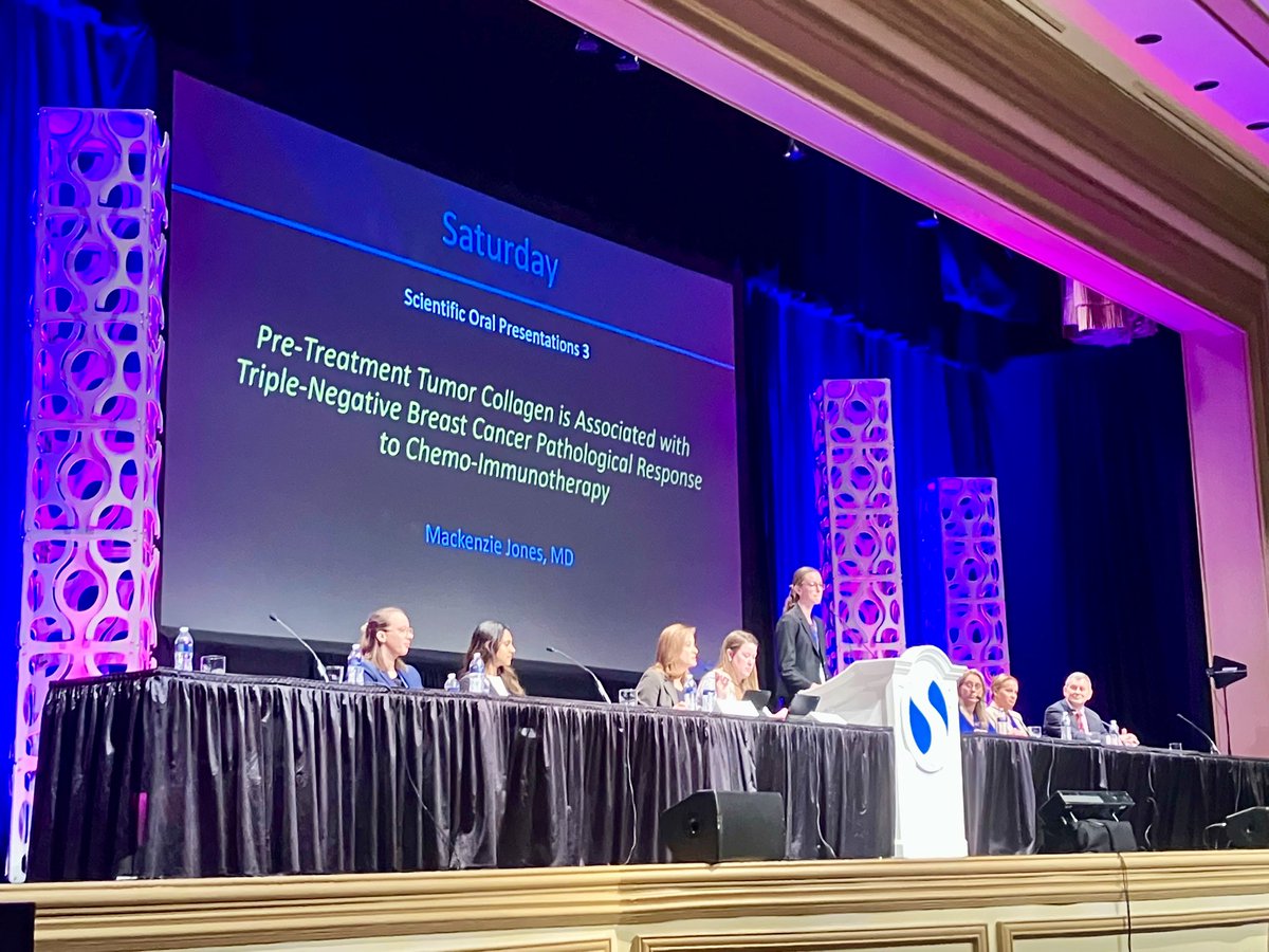 UNMCSurgery's tweet photo. High collagen levels in TNBC tumors may drive resistance to chemo-immunotherapy—PGY-2 Dr. Mackenzie Jones eloquently presents how targeting collagen could improve response rates. @ASBrS #ASBrS2025 #TNBC #Immunotherapy 🧬🧪 

@Dr_JSantamaria https://t.co/txioZ9Cqha