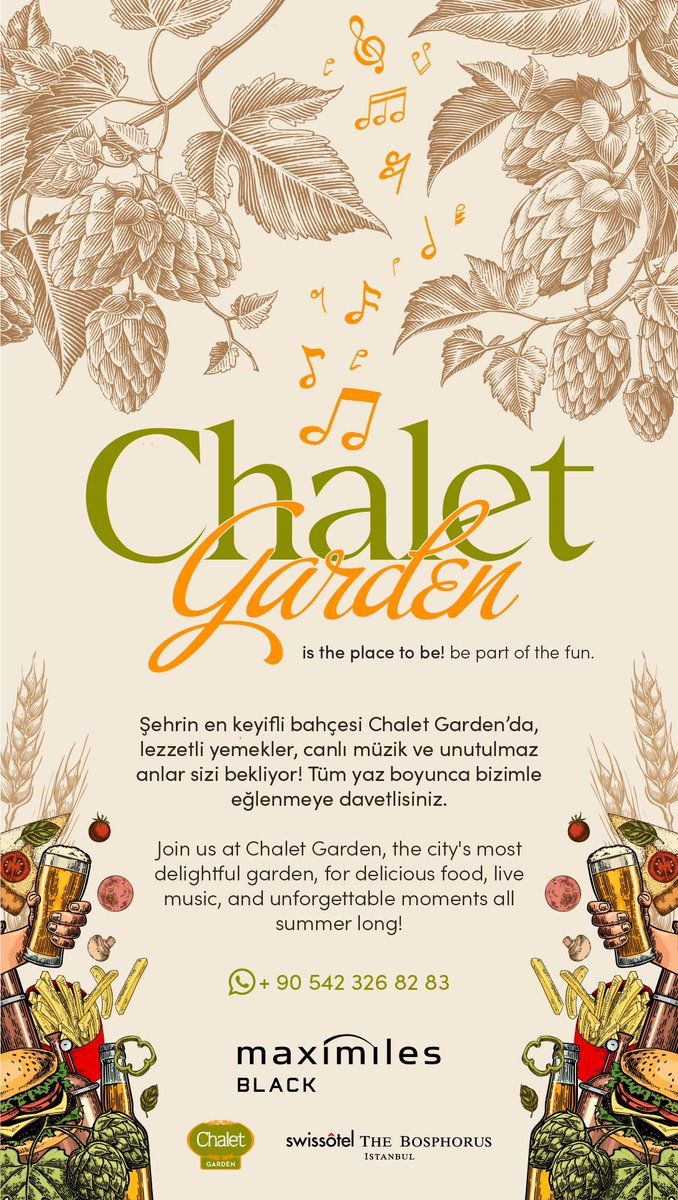 Chalet Garden’ın yemyeşil bahçesinde geçireceğiniz o muhteşem anlar için hazır mısınız? 
Bütün bir sezon özlediğimiz yaz akşamlarının keyfi, birbirinden lezzetli yemekleri, rengarenk festivalleri ve unutulmaz canlı müzik performansları bugün itibariyle geri dönüyor!