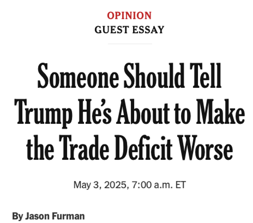 Jason Furman (@jasonfurman) on Twitter photo My latest <a href="/nytopinion/">New York Times Opinion</a> makes a point that is obvious to economists but that many non-economists find surprising and unintuitive: raising the budget deficit--which the Congress is working on doing by $7T--would also raise the trade deficit. My latest <a href="/nytopinion/">New York Times Opinion</a> makes a point that is obvious to economists but that many non-economists find surprising and unintuitive: raising the budget deficit--which the Congress is working on doing by $7T--would also raise the trade deficit.