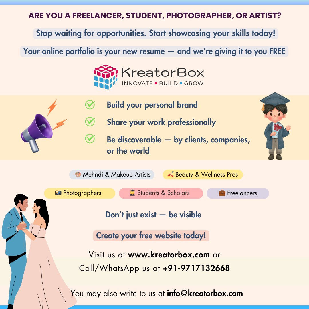 KreatorBoxx's tweet image. Freelancers, students, artists - get noticed with a FREE portfolio website on KreatorBox.com!
Build your brand. Share your work. Be discovered.

#KreatorBox #FreePortfolio #BeVisible #StudentArtists #BuildYourBrand