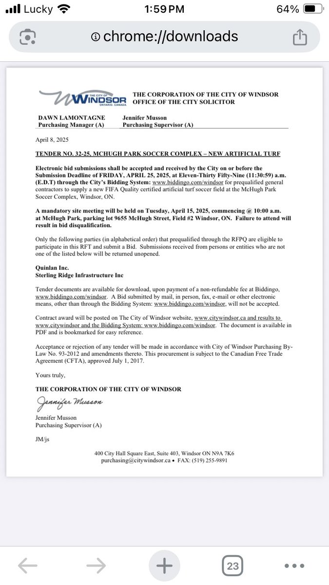 WhaleyStatic's tweet photo. The city of Windsor is officially taking tenders for a FIFA level turf at McHugh Park. On page 2 of the search list, number 30-25

https://t.co/jghy0nhmqB 

#CanPL https://t.co/CYBpot50gk