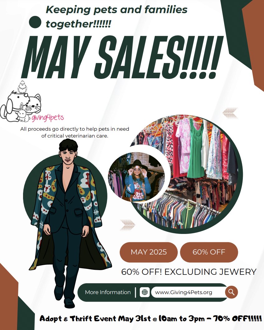 Get 60% off everything in-store all month long this May! Stop by the Giving4Pets Thrift Store today and grab some amazing finds just in time for the summer. 🛍️🌴 V

📍10761 W Peoria Ave, Sun City AZ