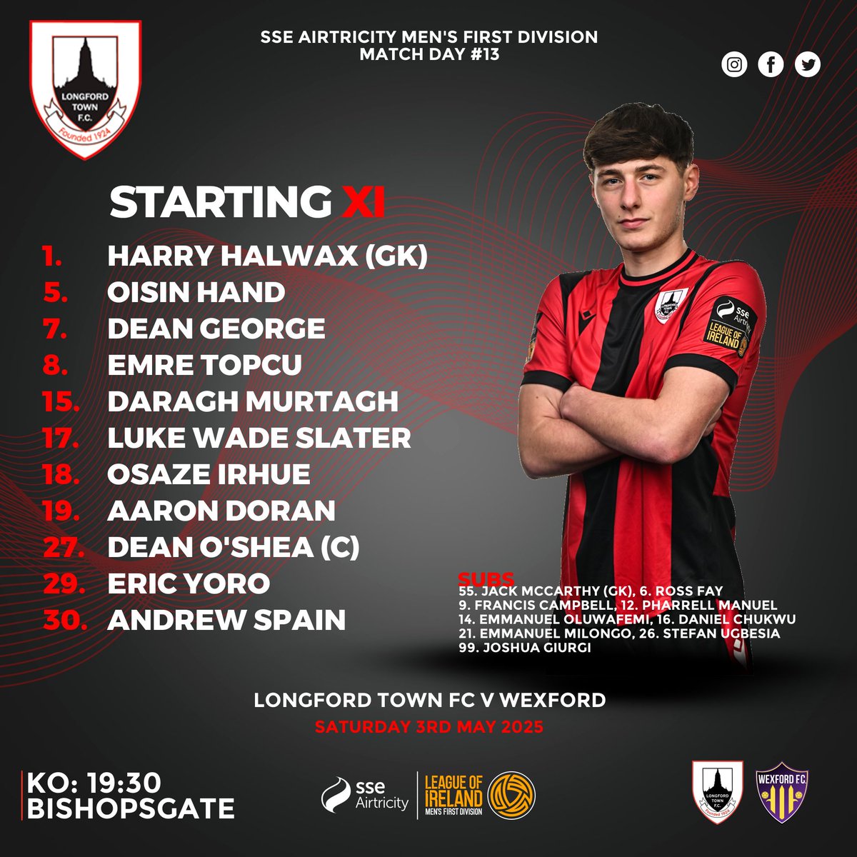 Team News |  📩

Oisin Hand and Dean George come in to the starting XI to face Wexford!

Follow live updates here or watch LIVE on #LOITV.📺

#Town2025 | #CmonDeTown | 🔴⚫