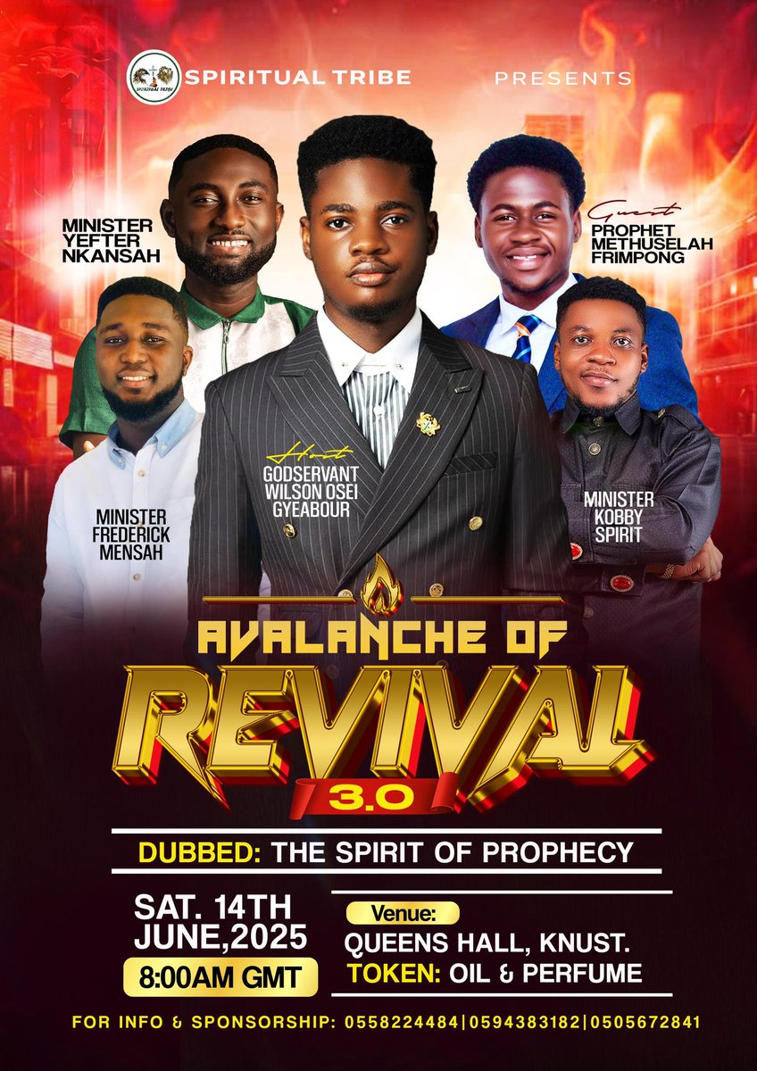 Get ready for another powerful encounter Avalanche of Revival is here again!
Mark your calendars for Saturday , 14th June at the Queens Hall, KNUST, as we gather under the theme: “The Spirit of Prophecy.”
It’s going to be a time of divine impartation and prophetic release