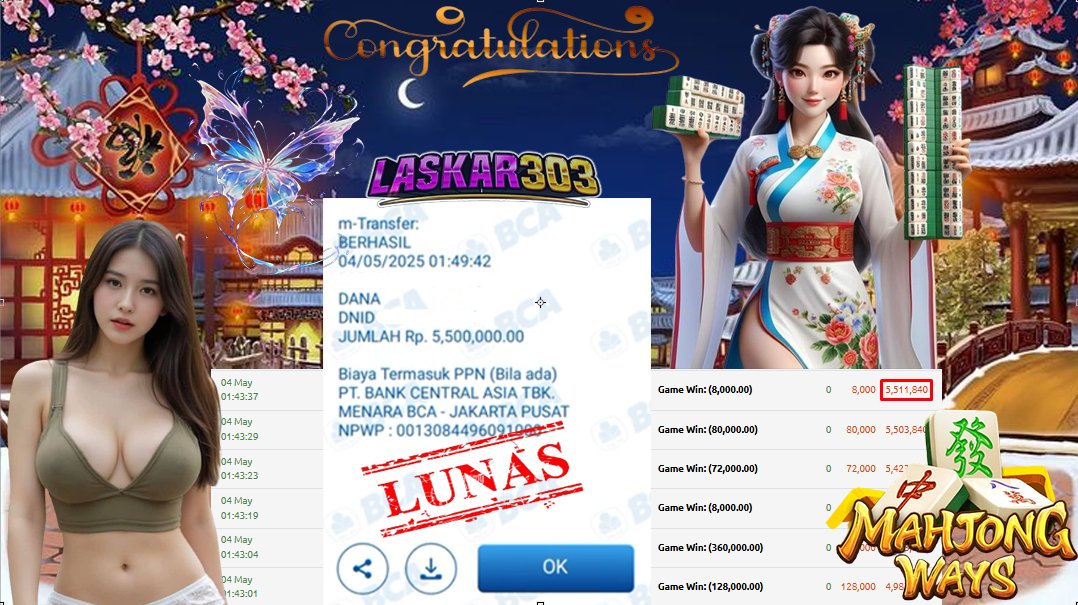 SELAMAT ATAS KEMENANGAN UNTUK MEMBER LASKAR303               📷USER ID pi*****9 📷   WD      :  5,500,000 Bukti kemenangan member gacor!! WD BERAPAPUN LUNAS proses tanpa ribet!!