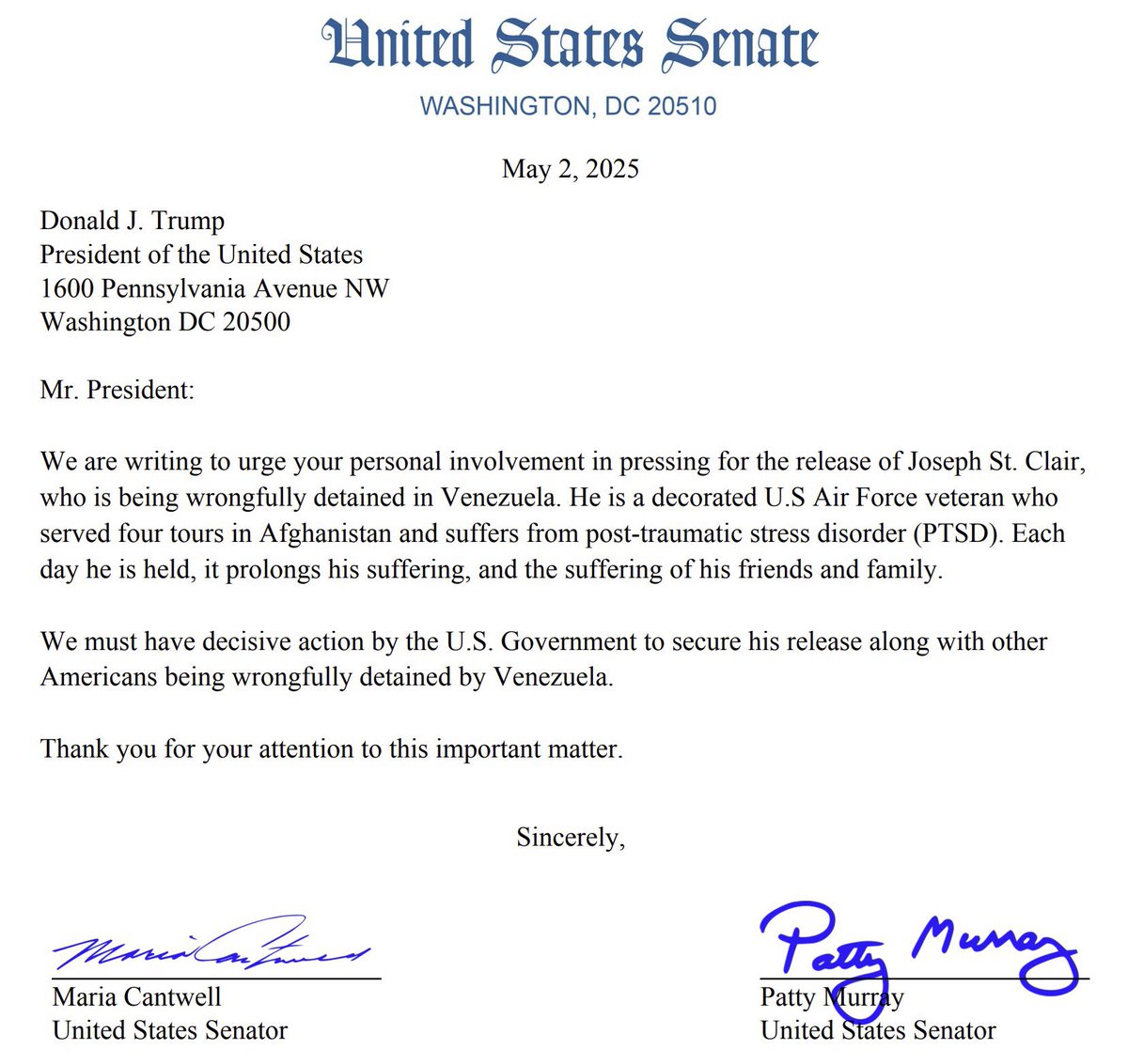 🚨Grateful to Sen. <a href="/PattyMurray/">Senator Patty Murray</a> and <a href="/SenatorCantwell/">Sen. Maria Cantwell</a> for requesting <a href="/realDonaldTrump/">Donald J. Trump</a>’s “personal involvement” in the cases of decorated <a href="/usairforce/">U.S. Air Force</a> vet Joseph St. Clair, as well as those of the other Americans wrongfully detained by the Maduro regime in Venezuela.