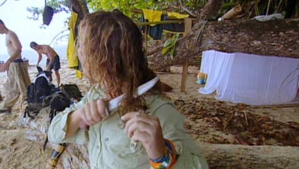 SurvivorQuotesX's tweet image. Sue Hawk cutting the knots out of her hair on episode one of Borneo goes so hard. 

#Survivor #SurvivorBorneo