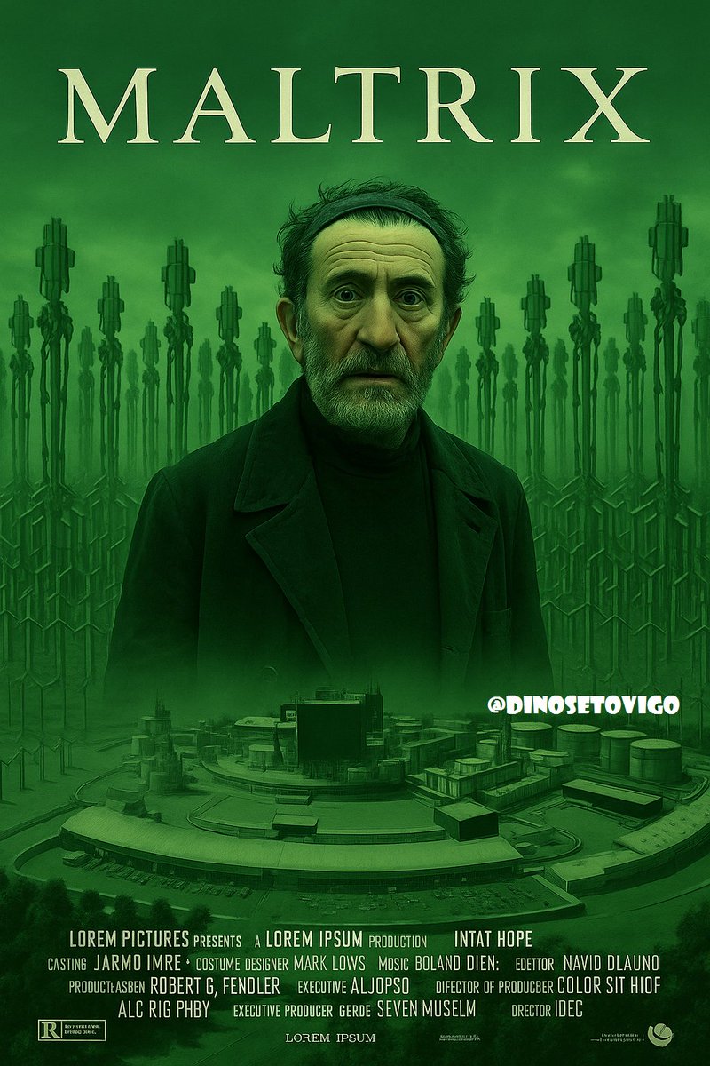 DinoSetoVigo's tweet photo. MALTRIX
Palas de Rei en el año 3000, las multinacionales pasteras colonizaron totalmente Galicia, un premiado actor despierta a la realidad viendo con sus propios ojos como se extienden hasta el infinito los campos de eucaliptos mecánicos...
#Altri #AltriNon #Zahera https://t.co/QhVuOOcOge