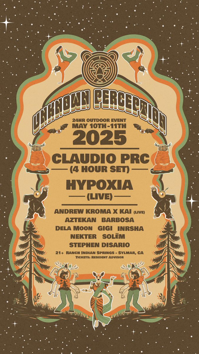 We can’t wait for Unknown Perception, a week from today 🌀

We groove for 24H straight under the SoCal sun and stars, our stage dedicated to techno while Subterranean Dwellers host psytrance on Stage 2

30 mins from DTLA. 

Info: ra.co/events/2119362