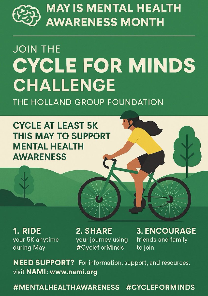Together, we can pedal towards a healthier mind and a stronger community. 
#MentalHealthAwarenessMonth 
#MentalHealthAwareness 
#CycleForMinds
#TheHollandGroupFoundation