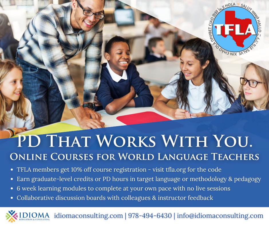 Earn graduate-level credit before summer with spring online courses through our partner <a href="/IdiomaEdu/">IdiomaEdu</a>! Use code TFLA10 for 10% off your course registration just for being an TFLA member! idiomaconsulting.com/all-courses/sp…