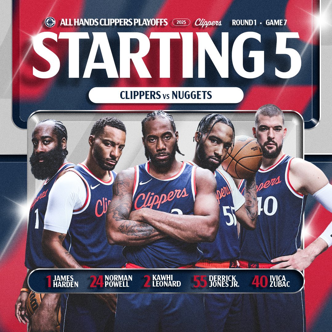 خُماسي البدايـة :

1️⃣ » جيمس هاردن
2️⃣ » نورمان باول  
3️⃣ » ديريك جونز 
4️⃣ »  كواي ليونارد
5️⃣ » ايفيكا زوباك