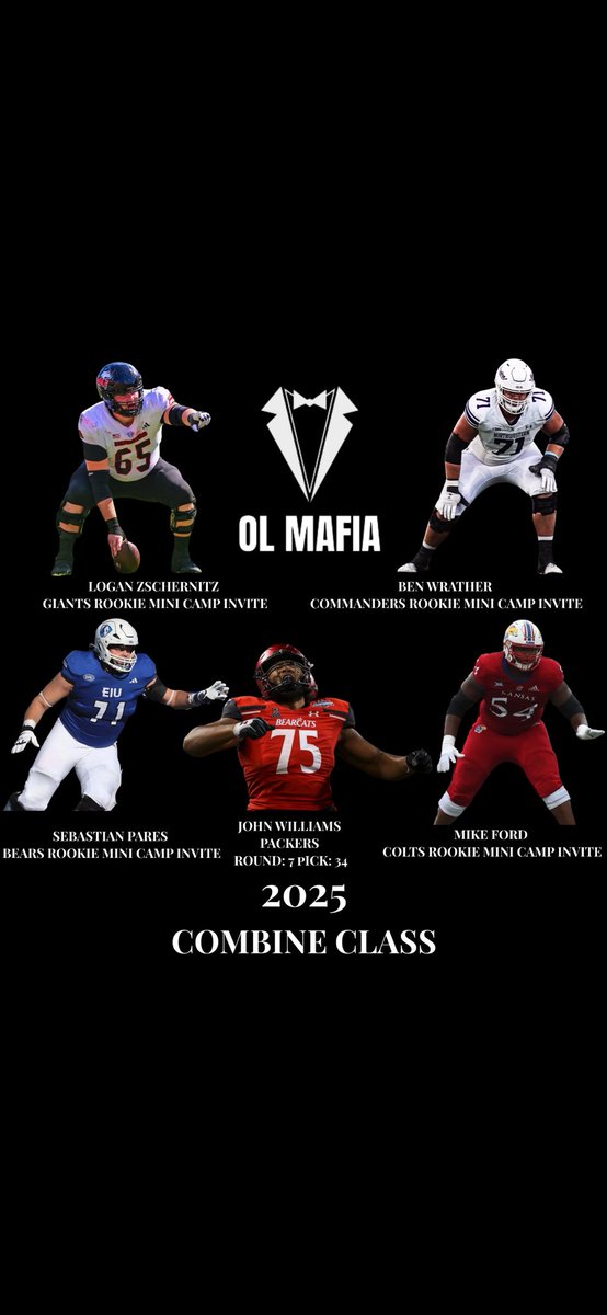 OL MAFIA (@olmafia) on Twitter photo INTRODUCING THE 2025 COMBINE CLASS‼️
Sebastian Parés- <a href="/ChicagoBears/">Chicago Bears</a> Mini Camp Invite
Logan Zschernitz-<a href="/Giants/">New York Giants</a> Mini Camp Invite
Mike Ford- <a href="/Colts/">Indianapolis Colts</a> Mini Camp Invite
Ben Wrather-<a href="/Commanders/">Washington Commanders</a> Mini Camp Invite
John Williams- <a href="/packers/">Green Bay Packers</a> Round: 7 Pick: 34 INTRODUCING THE 2025 COMBINE CLASS‼️
Sebastian Parés- <a href="/ChicagoBears/">Chicago Bears</a> Mini Camp Invite
Logan Zschernitz-<a href="/Giants/">New York Giants</a> Mini Camp Invite
Mike Ford- <a href="/Colts/">Indianapolis Colts</a> Mini Camp Invite
Ben Wrather-<a href="/Commanders/">Washington Commanders</a> Mini Camp Invite
John Williams- <a href="/packers/">Green Bay Packers</a> Round: 7 Pick: 34